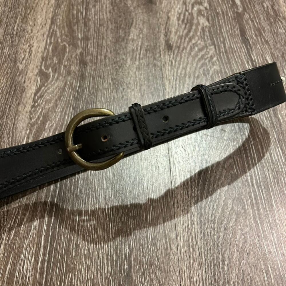 Vintage L.L.Bean Black Leather Beaded Belt Sz L Brass Buckle Western Boho Unisex - Picture 3 of 12